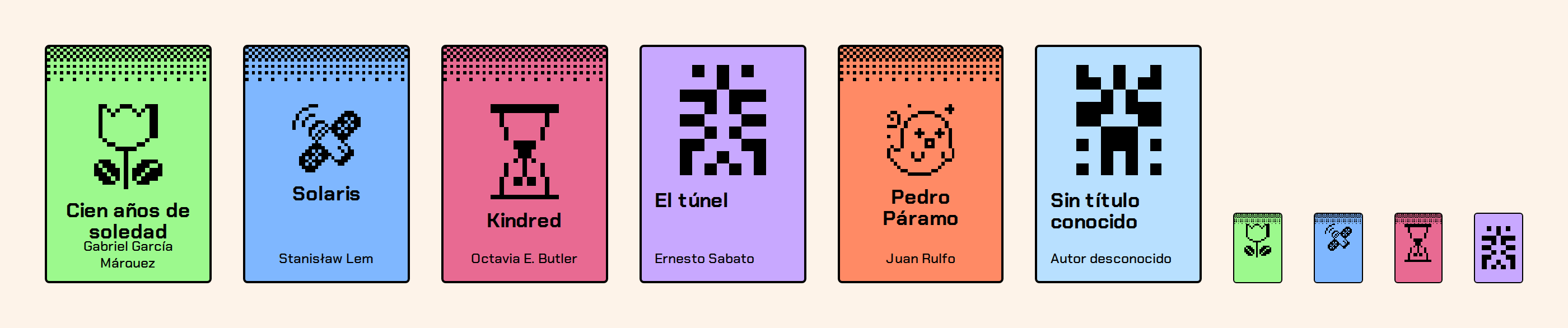 Six pixel covers: four with genre icons such as a flower, a satellite, an hourglass and a ghost, and two with unique pixel glyphs, plus small thumbnail versions