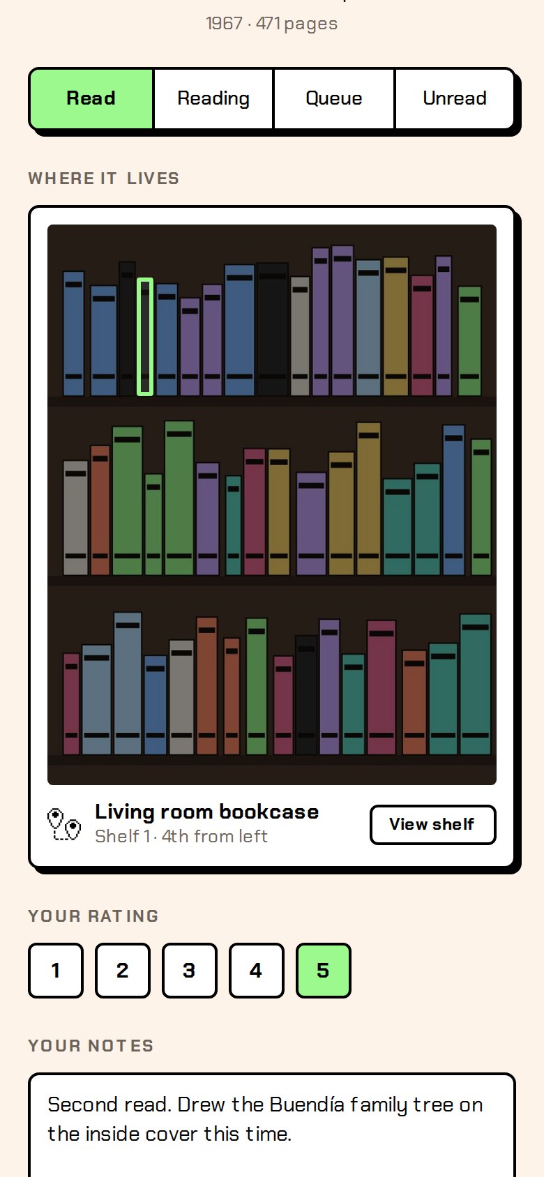 Book detail: reading status, and a Where it lives card showing the book highlighted on the shelf photo
